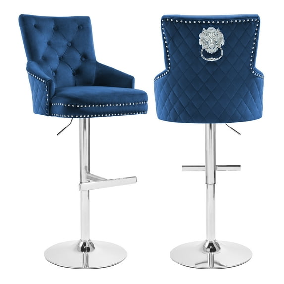 Foredo Velvet Swivel Bar Stools Set of 2, Modern Adjustable Bar Stools with Button Tufting and Pull Ring, Kitchen Counter Square Island Bar Stool, Dark Blue