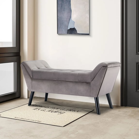 Foredo Velvet Upholstered Accent Bench with Arms, Gray