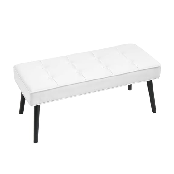 Foredo Waterproof PU Leather Upholstered Accent Bench, Modern Entryway Bench with Button Tufting and Solid Wood Legs, Indoor Bench for Bedroom Living Room, White