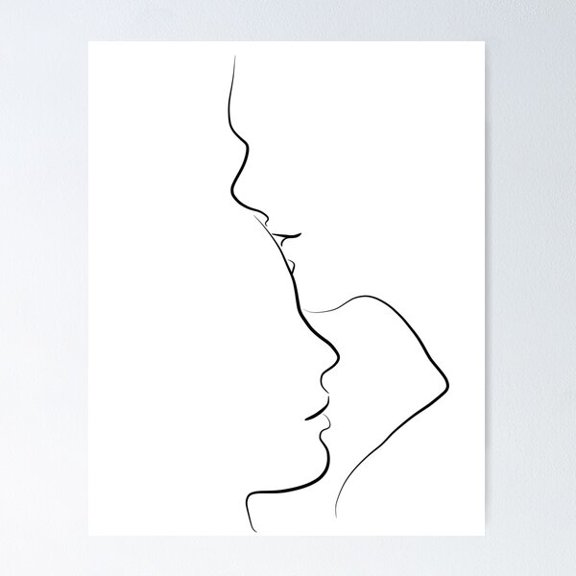 Forehead Kiss Line Art Drawing In Black And White Poster Wall Art, Modern Wall Decor For Living Room Bedroom, 24x36 UNFRAMED