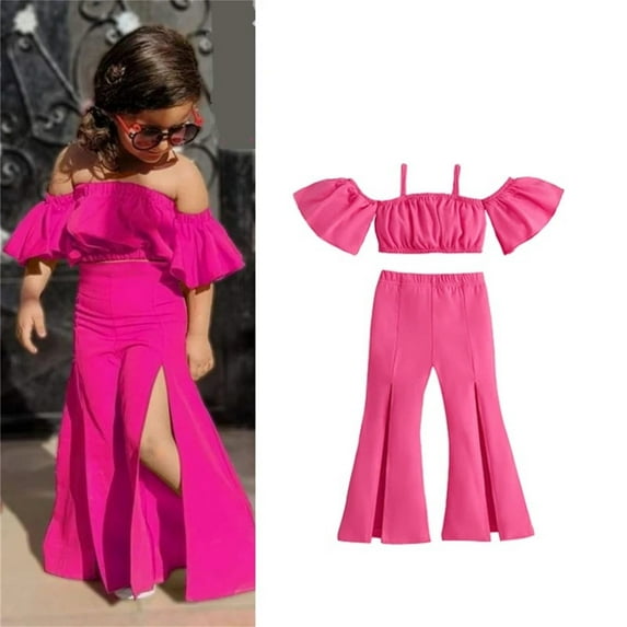 Foreign Trade Children's New Set 2024 Summer Girls Solid Color Top High Slit Flared Pants Two Set