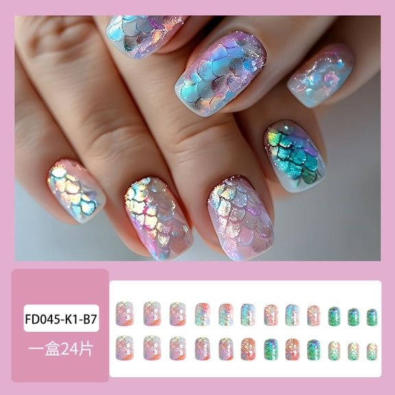 Foreign trade 3D fish scale Symphony European wearing armor 24 pieces summer vacation manicure, versatile fake nails cross-border direct supply