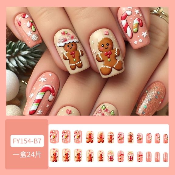 Foreign trade Christmas relief three-dimensional manicure, gingerbread man crutches wearing nail pads 24 packs of sweet nail patches