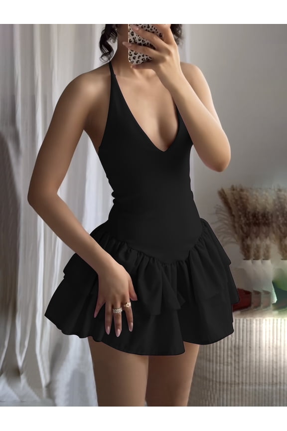 Foreign trade European and American women's clothing, summer solid color waist-cinching backless elegant dress, women's summer dress in European and American style