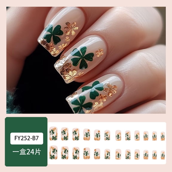 Foreign trade St. Patrick's wearing armor, three-dimensional gilt four-leaf clover nail art, 24 holiday fake nails
