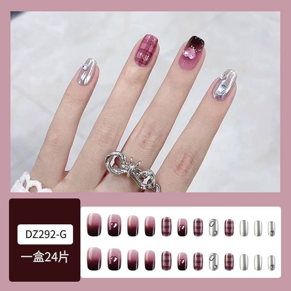 Foreign trade best-selling gradual change plaid nail art, sweetheart Spice Girl diamond jewelry wearing nail plate 24 pieces fake nail patch