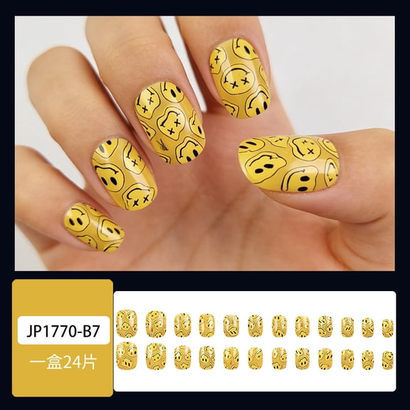 Foreign trade best-selling trendy cool yellow background smiley face manicure personality fun style wearable nail nail patch 24 pieces nail patch