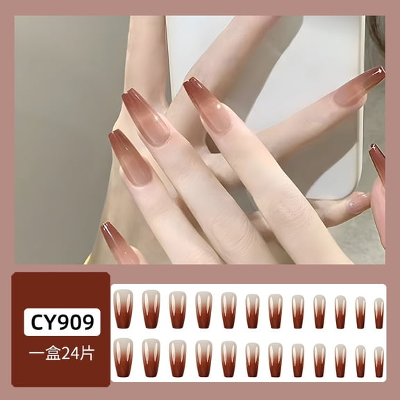 Foreign trade chestnut red gradual change nail art piece, temperament long ballet wearing nail 24 pieces finished product removable fake nail