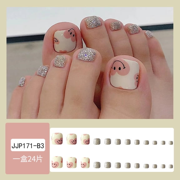 Foreign trade cute smiley face flash powder nail art, sweet and cute wind wearing nail and foot nail 24 pieces toe nail patch
