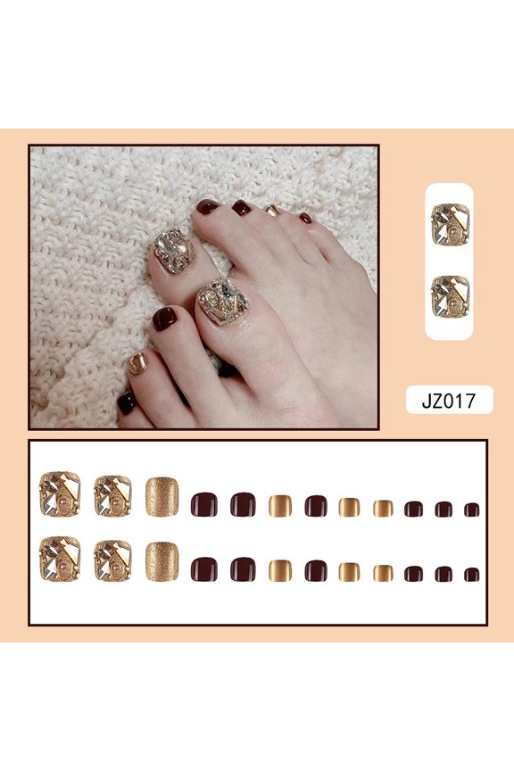 Foreign trade golden flash burgundy manicure foot nail, diamond decoration retro luxury foot wear nail 24 pieces toe nail patch