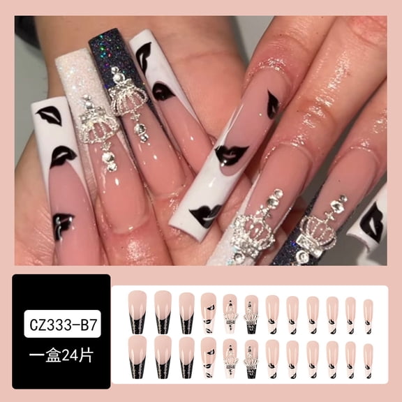 Foreign trade hot-selling long wearing armor, French black and white lip print French fake nail piece, crown diamond nail patch