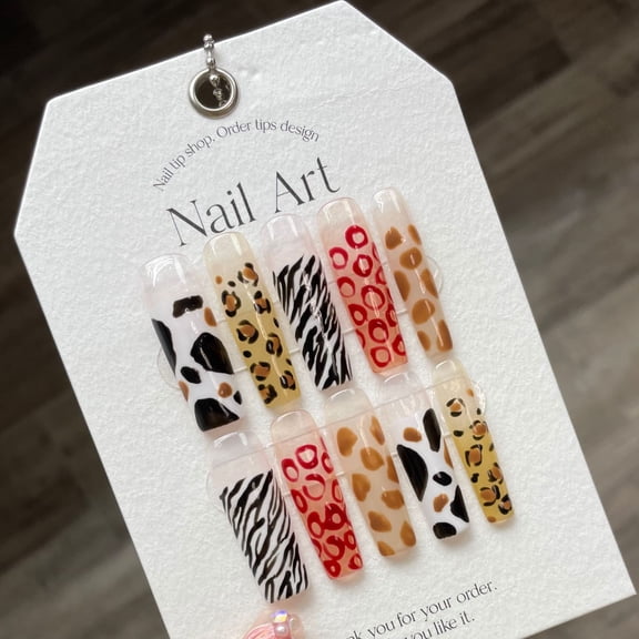 [Foreign trade model] Super long wearing nail leopard print nail patch fake nail sticker finished product exaggerated European and American style wearing model