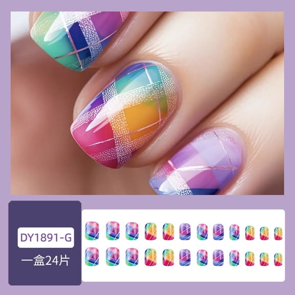 Foreign trade rainbow plaid gradual change fake nails, European and American ins style nail art 24 nails spring and summer wear nail