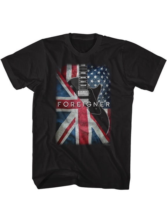 Foreigner Flags And Guitar Black Adult T-Shirt L