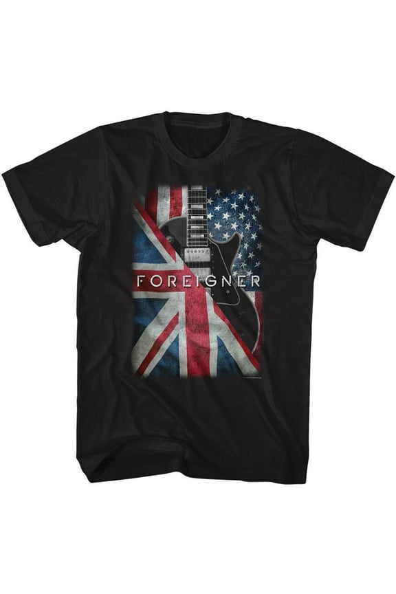 Foreigner Flags And Guitar Black Adult T-Shirt Xl