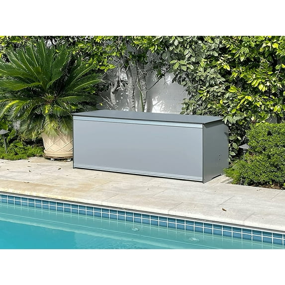 Foreman 120 Gallon Large Deck Box made from Compact Laminate and Anodized Aluminum with a Dark Grey Seat Cushion, removable Machine Washable cover and Graphite colored All Weather Nylon Deck Box cover