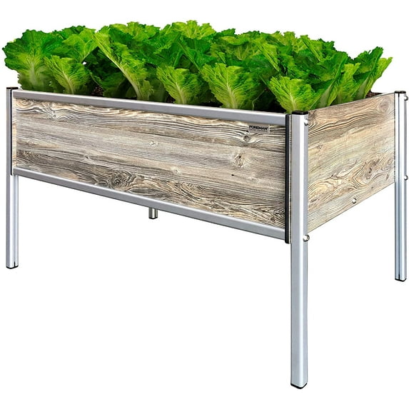 Foreman Raised Garden Bed 36”Lx24”Wx25”H Premium HPL Plastic Wood Grain Aluminum Legs Elevated Planter Box for Backyard Patio Balcony, Amaretto