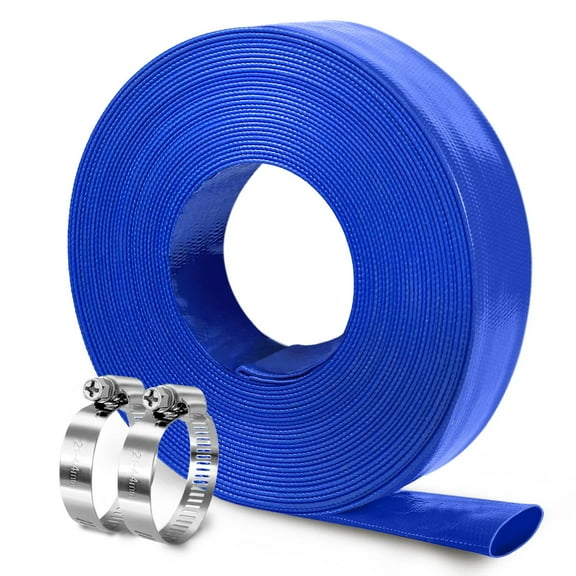 Foresee Pool Backwash Hose / Discharge Hose, PVC Heavy Duty Lay-Flat with Clamps for Pipe, Pump, Irrigation, Blue or Black