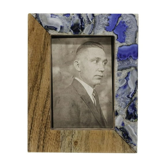 Foreside Home and Garden 4x6 Blue Agate Stone & Acacia Wood Photo Picture Frame w/Glass Pane Summer Ocean Beach House Coastal Lake Home Living Room End Table Fireplace Mantle Bedroom Bedside Table