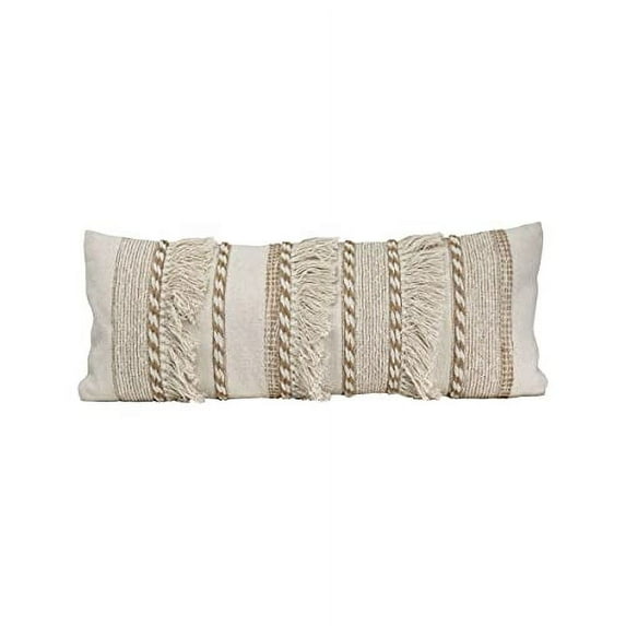 Foreside Home & Garden White Oversized 14x36 Woven Decorative Cotton and Jute Lumbar Throw Pillow with Hand Tied Fringe, 36 x 14 x 5, Brown