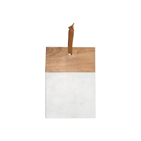 Foreside Home & Garden White Small Square Marble and Wood Kitchen Serving Cutting Board