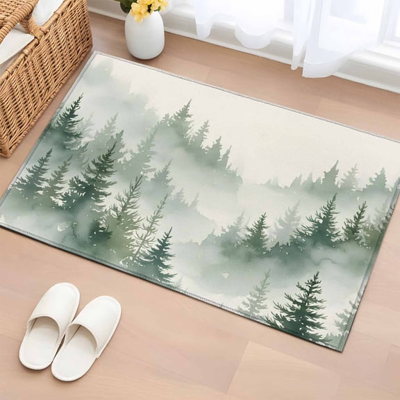 Forest 2'x3' Rug for Entryway Front Door Kitchen Sink Area, Fantasy Watercolor Rustic Cottagecore Nature Tree Plant Low Pile Non Slip Rectangle Area Rug, Machine Washable Indoor Outdoor Mat