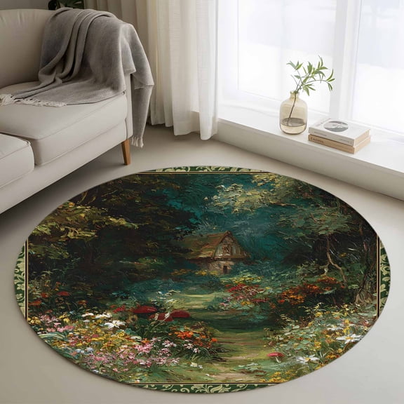 Forest 3ft Area Rug, Spring Oil Painting Country Cabin Trees Flower Washable Non-Slip Small Round Rugs for Entryway Bedroom Kitchen, Soft Circle Carpet for Dining Room, Playroom Nursery Rug