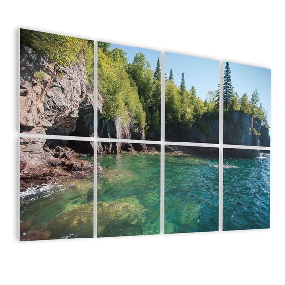 Forest 8 Pack Art Acoustic Panels Sound Absorbing Black Rocks Lake Superior Marquette Michigan Presque Isle Park Decorative Soundproof Wall Panels Self Adhesive for Game Room Bedroom 48"x32"