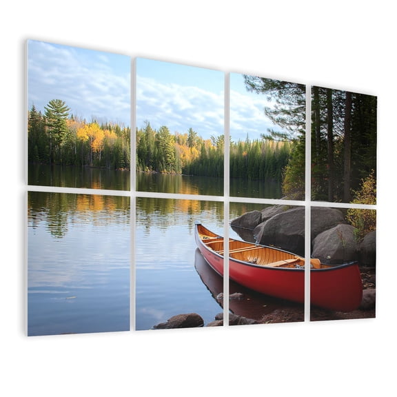 Forest 8 Pack Art Acoustic Panels Sound Absorbing Red wooden canoe shore Boundary Waters lake morning light Decorative Soundproof Wall Panels Self Adhesive for Game Room Bedroom 48"x32"