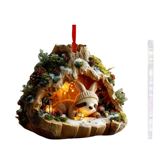 Red Hat Forest Animal Cave Ornaments Charms Christmas Tree Animal Ornaments 2D, Cozy Forest Christmas Decor Personalized Animal Acrylic Flat Woodland Creature Ornament Gift, Animal Lovers (Raccoon)
