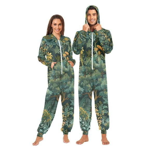 Forest Adult Onesie Pajamas Slim Fit Christmas One Piece Suit Pjs for Women and Men Hooded Zipper