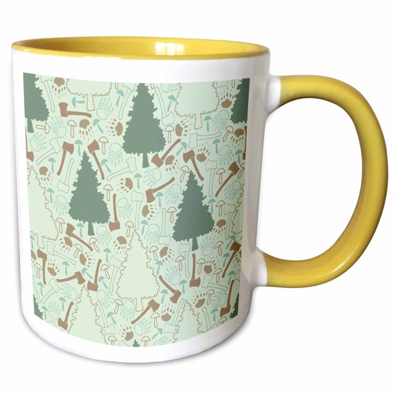 3drose, Forest and Logging Pattern with Trees, Bear Prints, and Axes, 15oz Two-tone Yellow Mug