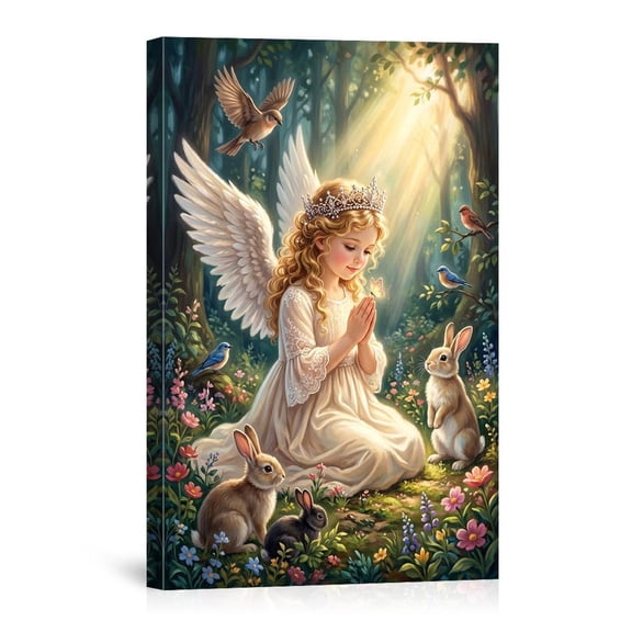 Forest Angel With Animals Sunlight Little Girl Bunny Bird For Room Canvas