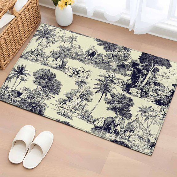Forest Animal 2'x3' Rug for Entryway Front Door Kitchen Sink Area, Vintage Forest Elephant Lion Animal Beige Low Pile Non Slip Rectangle Area Rug, Machine Washable Indoor Outdoor Mat