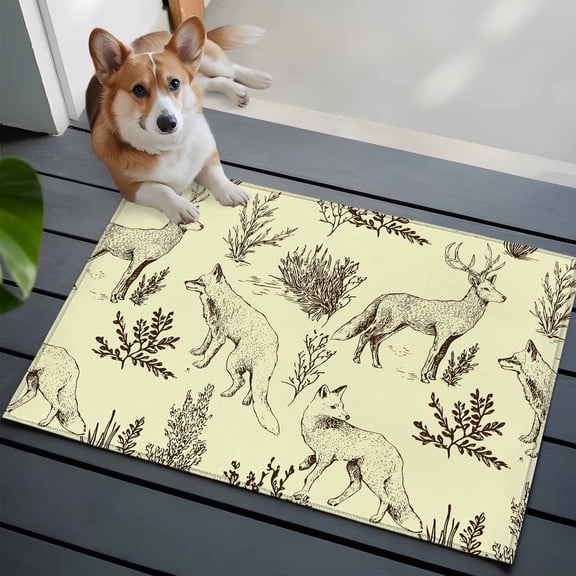 Forest Animal 2x3 Area Rugs for Living Room, Line Drawing Deer Fox Cool Wolf Spring Weed Casual Non Slip Floor Mat Washable Low-Profile Indoor Carpet for Bedroom, Dining Room, Bathroom