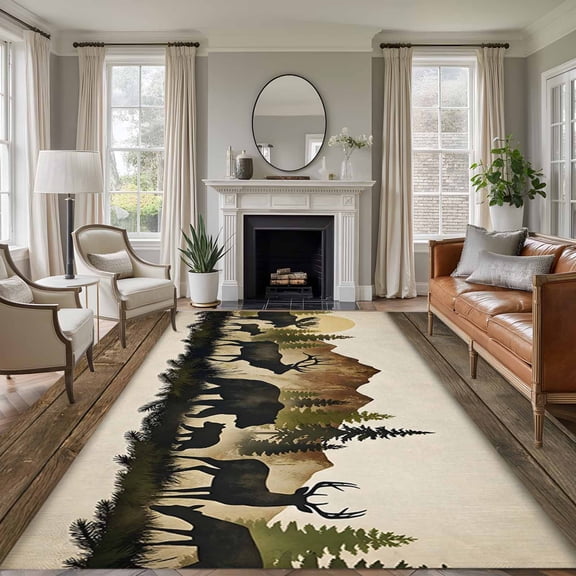 Forest Animal 5'x7' Rug for Living Room Sofa and Coffee Table Layout, Black Bear Silhouette Elk Rustic Cabin Pine Mountain Washable Non Slip Rectangle Area Rug