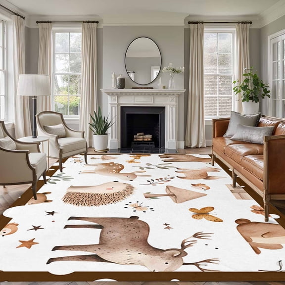 Forest Animal 8'x10' Large Area Rug for Living Room Sectional Sofa, Brown Deer Bear Hedgehog Bird Butterfly Tree Non Slip Low Pile Rectangle Area Rug, Machine Washable Indoor Outdoor Mat