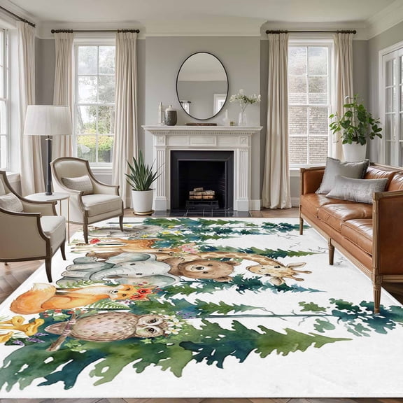 Forest Animal 8'x10' Large Area Rug for Living Room Sectional Sofa, Cute Cartoon Bear Elephant Deer Foxes Squirrel Owl Tree Non Slip Low Pile Rectangle Area Rug, Machine Washable Indoor Outdoor Mat