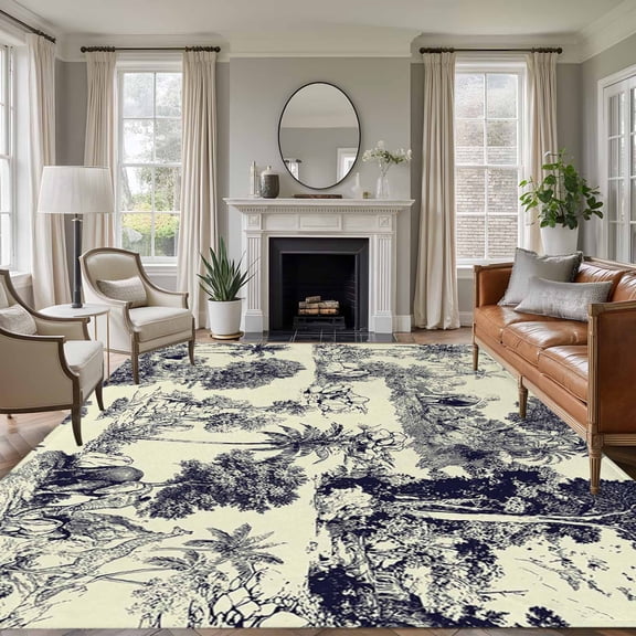 Forest Animal 8'x10' Large Area Rug for Living Room Sectional Sofa, Vintage Forest Elephant Lion Animal Beige Non Slip Low Pile Rectangle Area Rug, Machine Washable Indoor Outdoor Mat