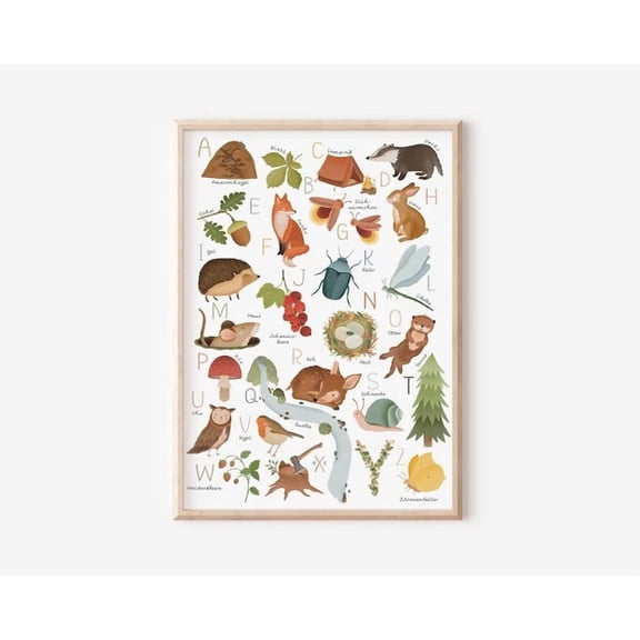 Forest Animal Abc Alphabet Poster Woodland Nursery Wall Art For Kids Room Art
