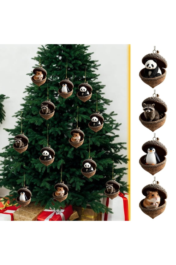 Forest Animal Acorn Ornament - Miniature Hand-Painted Details Resin Acorn Cap Hanging Pendant, Elastic Hang Loop Cute Holiday Gift for Christmas Tree, Keychains, Backpacks & Home Decor, 3.15in, A