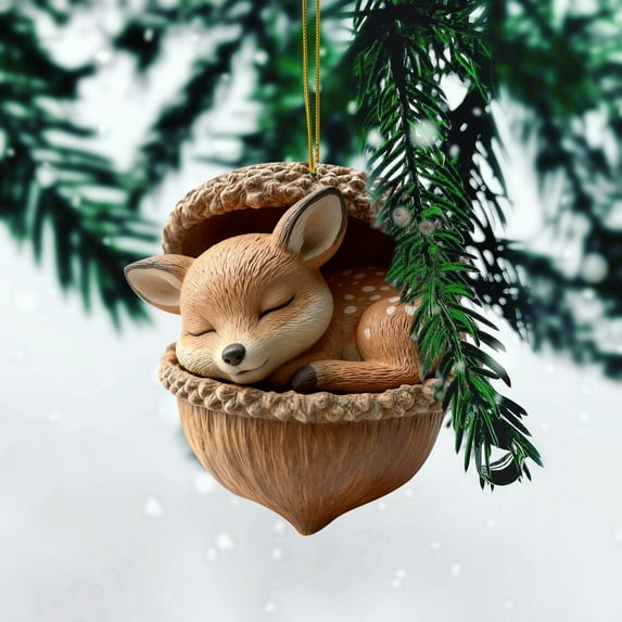 Forest Animal Acorn Ornaments, 2D Flat Acrylic Woodland Creature Figurines Inside Acorns, Rustic Christmas Tree Decorations for Holiday Home Party Decor（1PCS, N）