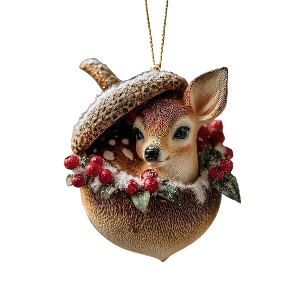 Forest Animal Acorn Ornaments 2D, Flat Detailed Woodland Creature Figurines in Acorn Shell, Hanging Christmas Tree Ornaments, Unique Animal Lover Gift Idea, Christmas Decor(Deer)