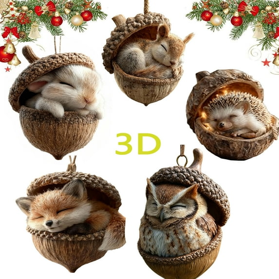 Forest Animal Acorn Ornaments,3D Cozy Forest Christmas Ornaments, 3D Pine Cone Animal Decoration, Woodland Creature Hanging Ornament, Resin Hanging Ornament for Home Decor