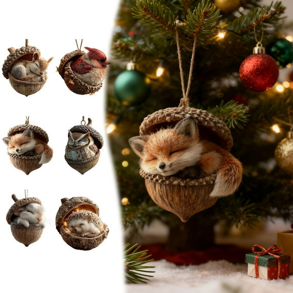 Forest Animal Acorn Ornaments, 3D Design Cozy Forest Christmas Ornaments, 6Pcs Resin Cute Forest Animal Christmas Trees Hanging Decorations, Rustic Nature-Themed Home Decor, Animal Lovers Gift, 3D