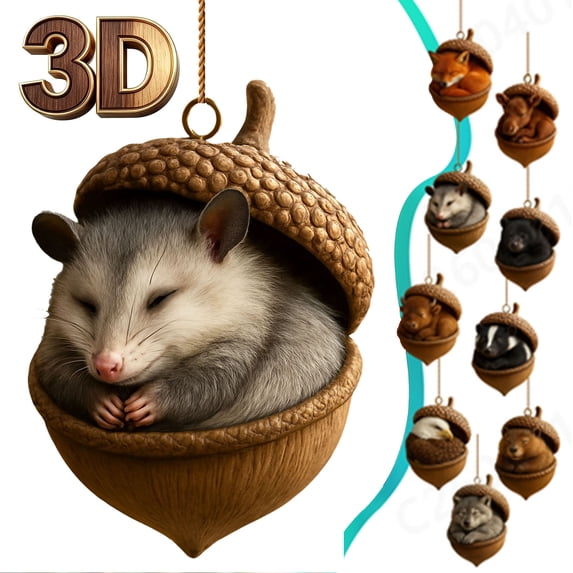 Forest Animal Acorn Ornaments 3D, Detailed Woodland Creature Figurines in Acorn Shell, Shatterproof Resin Christmas Tree Ornaments, Unique Animal Lover Gift Idea, Christmas Decor Set, A
