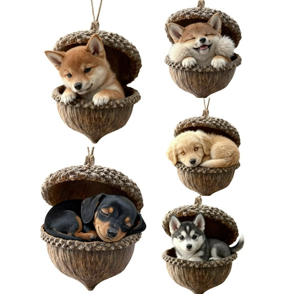Forest Animal Acorn Ornaments, 5 Pack Cozy Forest Christmas Ornaments, 2026 New Pine Cone Animal Decoration, 2D Acrylic Hanging Ornament Home Party Décor, Woodland Creature Hanging Ornament (Dog)