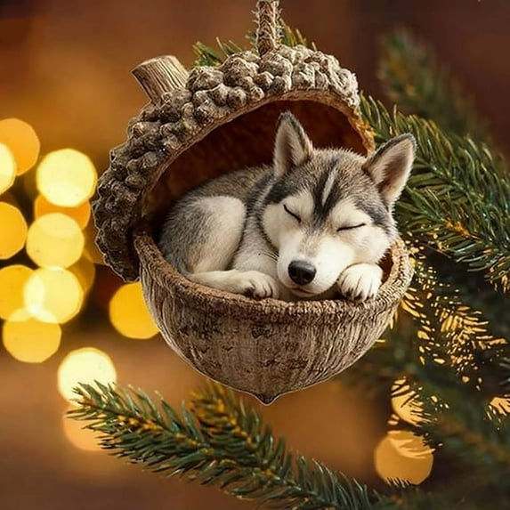 Christmas Dogs Forest Animal Acorn Ornaments 2D Cozy Ornaments Xmas Tree Decor, Personalized Pine Cone Animal Decoration Acrylic Flat Woodland Creature Hanging Ornament, Animal Lovers (Husky)