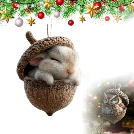 Forest Animal Acorn Ornaments,Cozy Christmas Tree Hanging Ornaments,2D Cute Forest Fox Rabbit Hedgehog Owl Squirrel Decorations,Rustic Nature Themed Home Decor, Animal Lovers Gift (Rabbit)