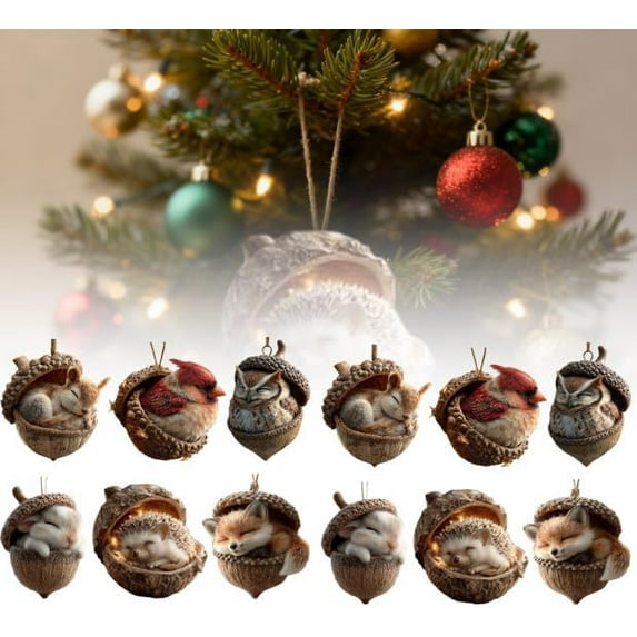 Forest Animal Acorn Ornaments,Cozy Christmas Tree Hanging Ornaments,2D Cute Forest Fox Rabbit Hedgehog Owl Squirrel Decorations,Rustic Nature Themed Home Decor, Animal Lovers Gift (12pcs)